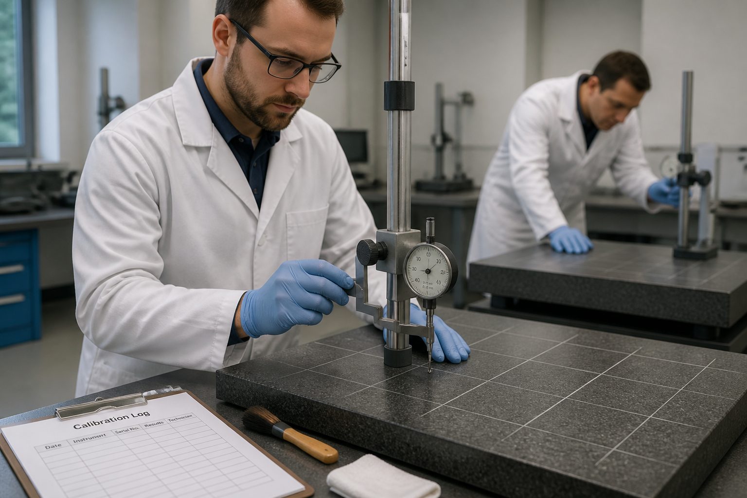 A lab technician measures a granite surface plate with a height gage and dial indicator while another technician demonstrates improper handling in the background.