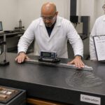 A lab technician measures a granite surface plate with a precision gauge while another technician checks an inspection checklist.