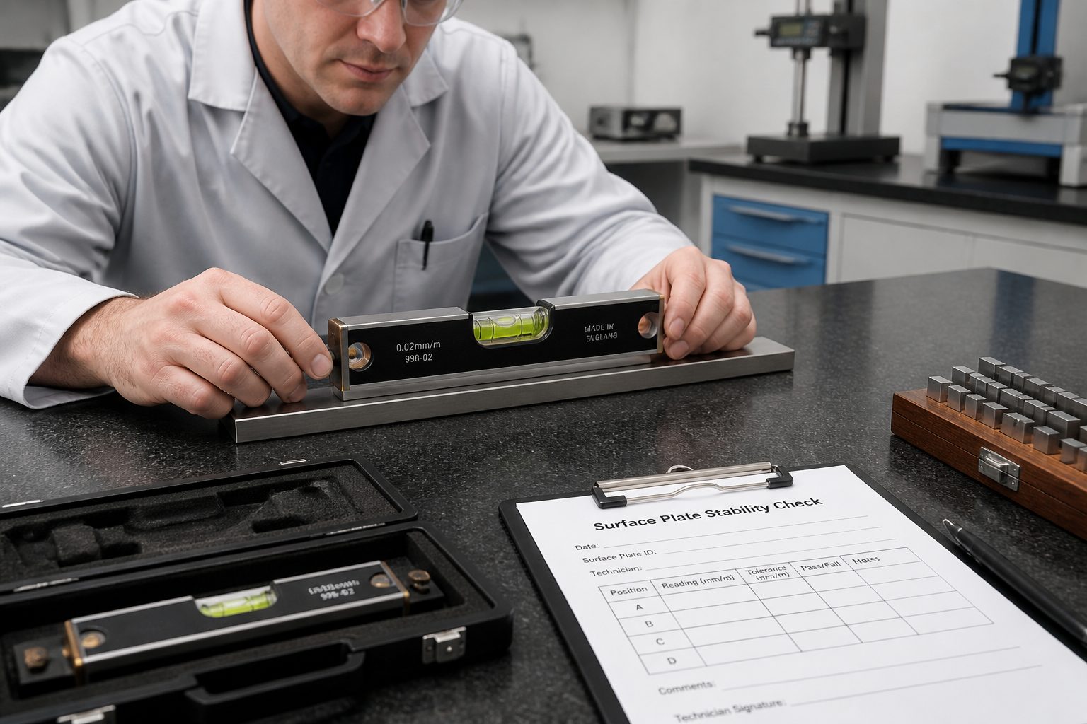 A metrology technician uses a precision spirit level on a granite surface plate while recording stability check notes.