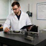 A metrology technician uses a precision level on a granite surface plate while recording stability check results on a clipboard.