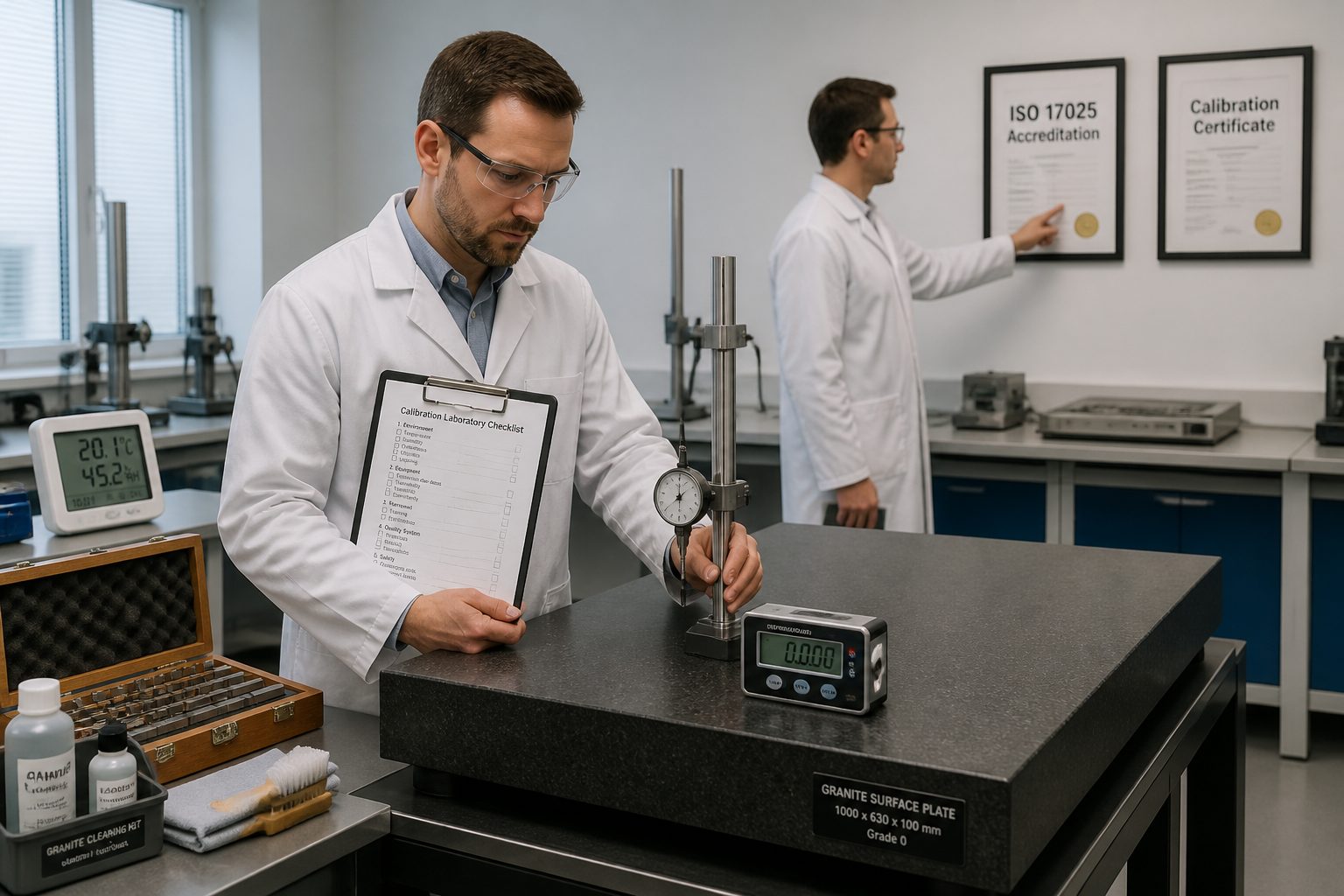 A lab technician measures a granite surface plate with precision tools while a manager points to ISO accreditation certificates in a calibration laboratory.