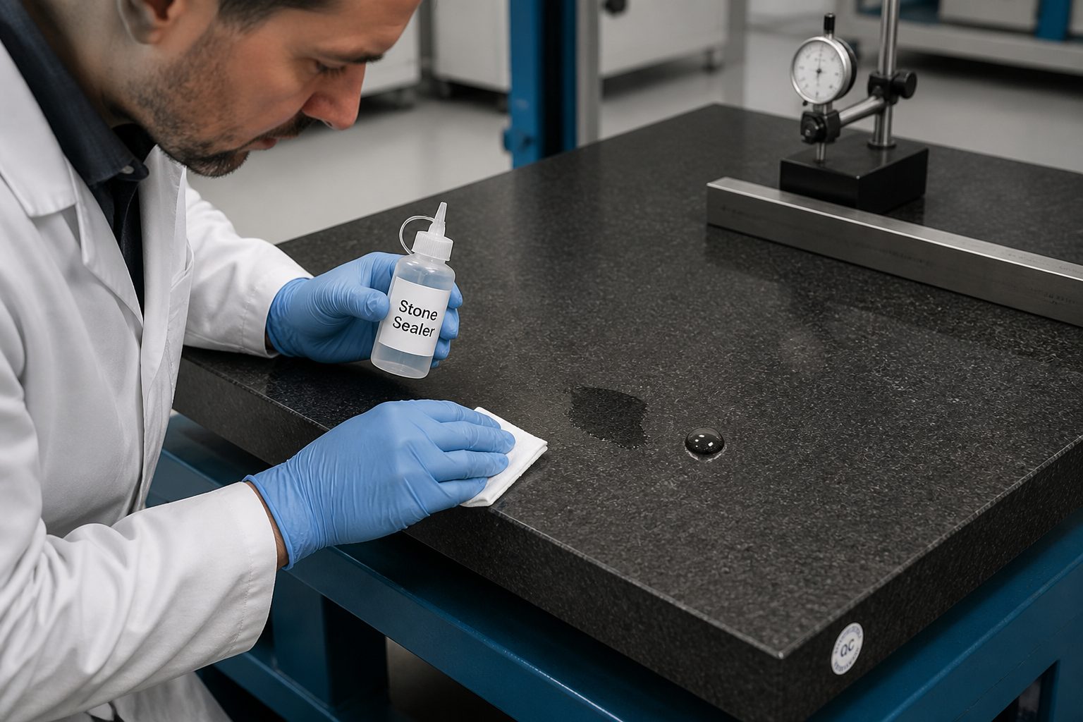A metrology technician applies stone sealer to a granite surface plate while observing water beading and absorption on the stone.