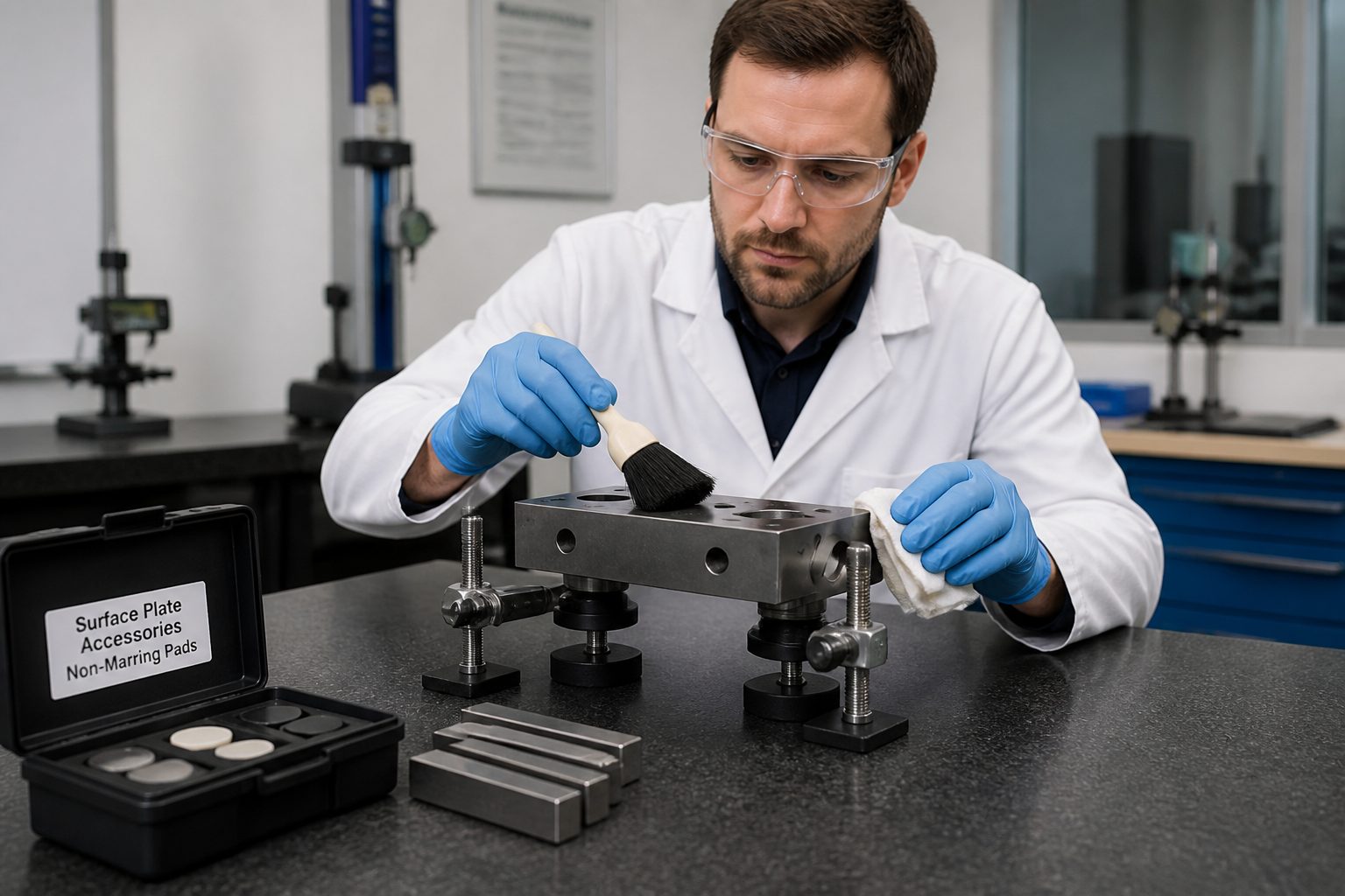A lab technician places non marring support pads and adjustable stands on a granite surface plate to prevent wear while supporting an inspection fixture.