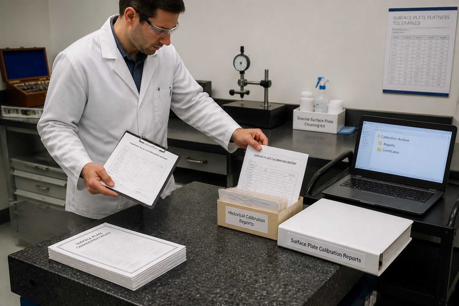 A metrology technician organizes past surface plate calibration reports in a binder and checks archived files on a laptop beside a granite surface plate.