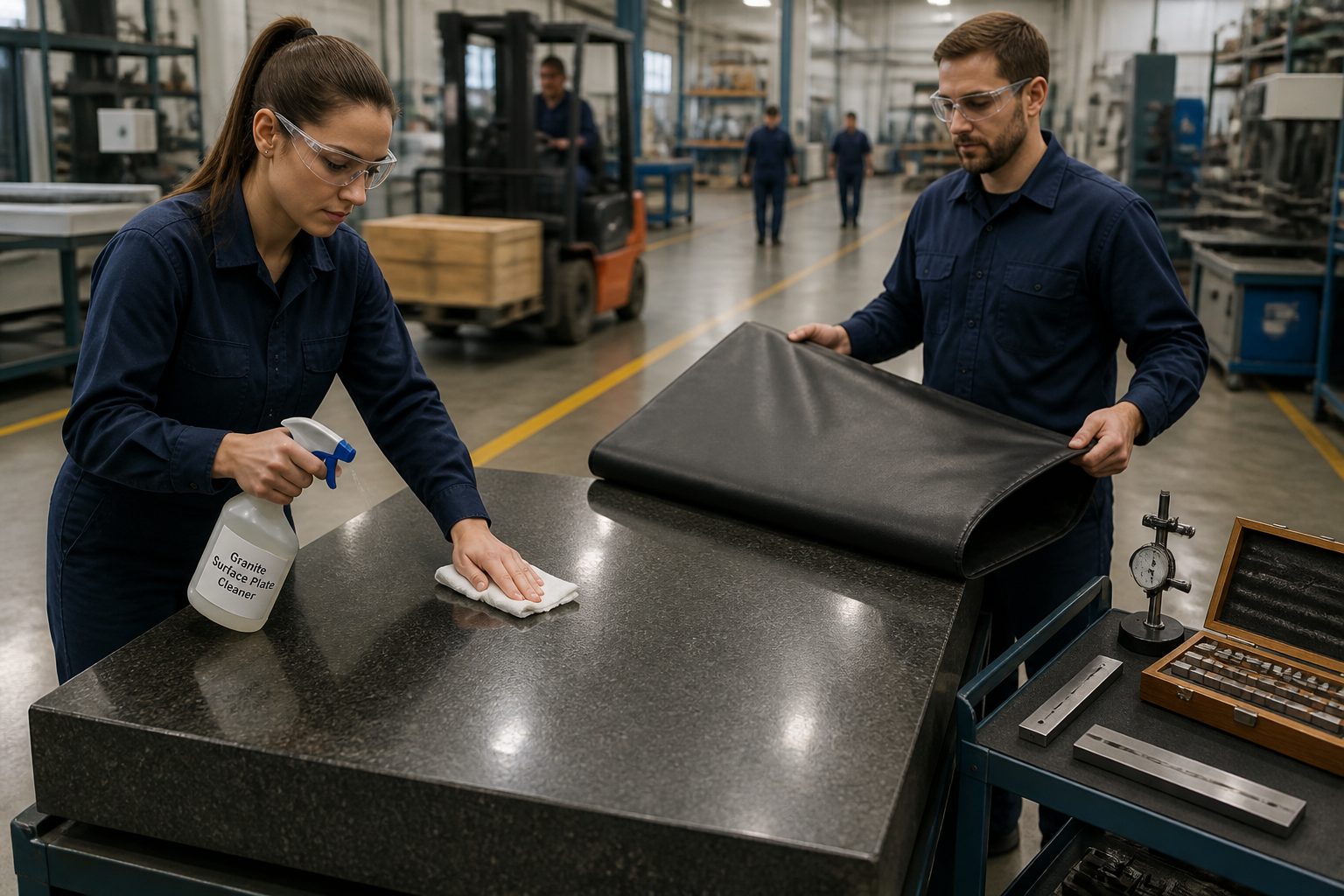 Two metrology technicians clean a granite surface plate with a lint free cloth while production traffic moves in the background