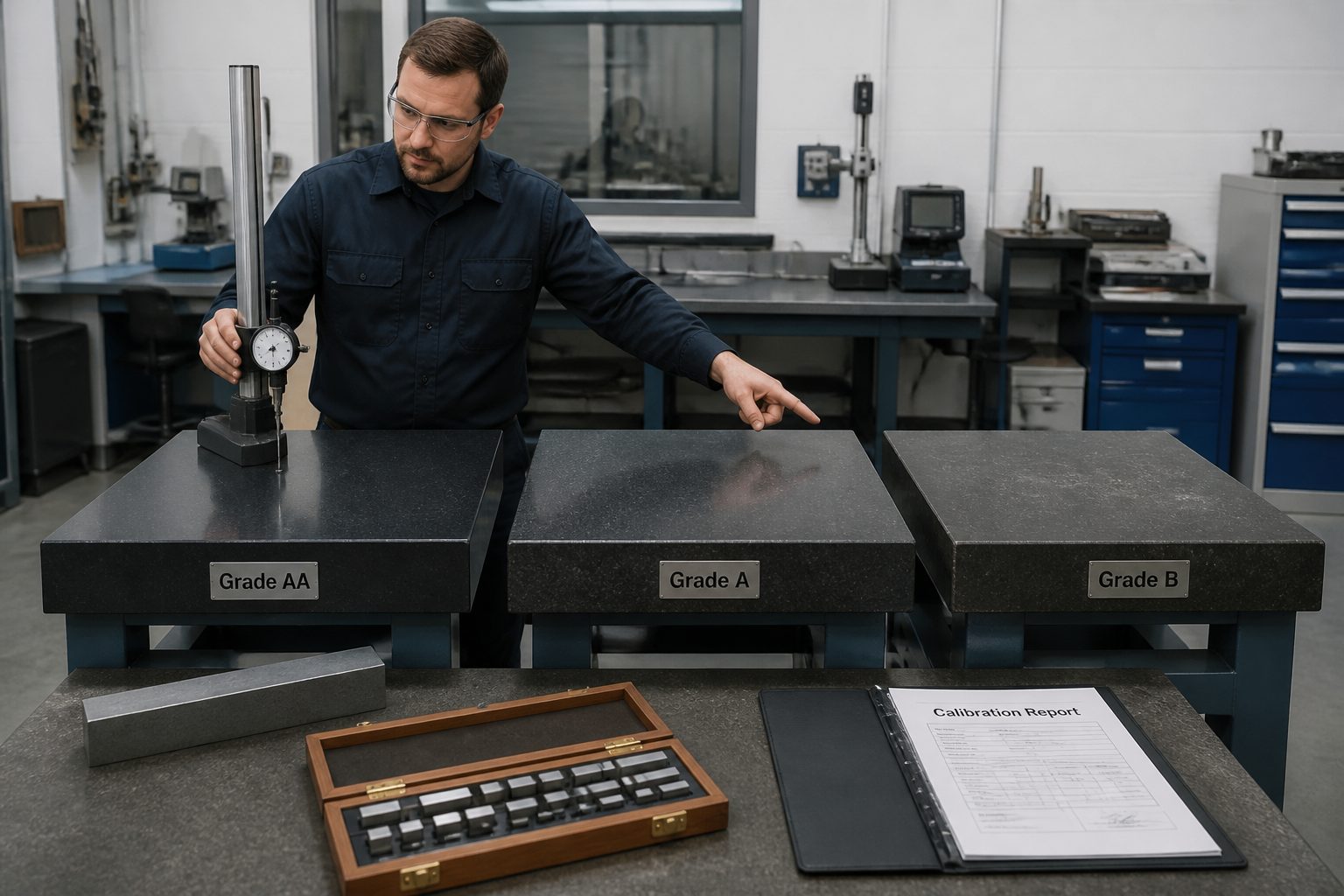 A metrology technician compares three granite surface plates labeled Grade AA, Grade A, and Grade B using a dial indicator and height gage in a calibration area.