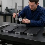 A metrology technician compares granite surface plate grades labeled Grade AA, Grade A, and Grade B using a height gage with a dial indicator in a shop inspection area.