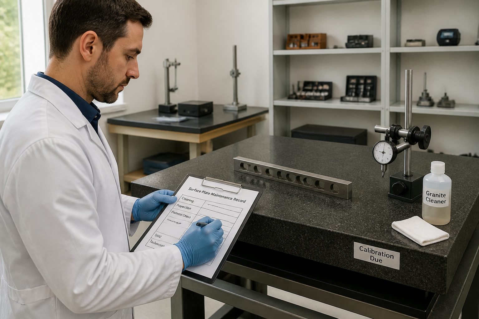 A male metrology technician fills out a surface plate maintenance record on a clipboard next to a granite surface plate with inspection tools.