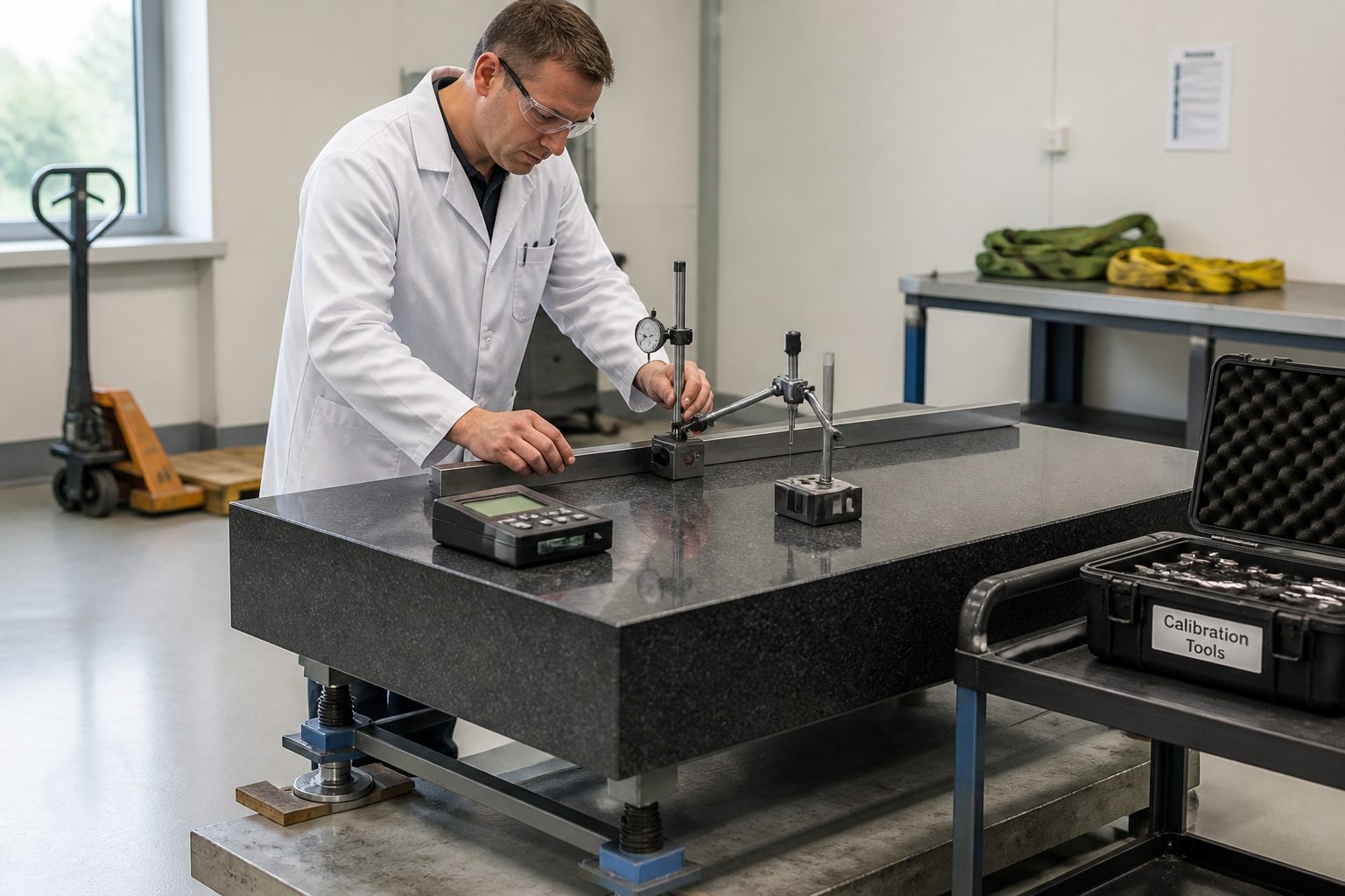 A metrology technician checks a relocated granite surface plate using a precision level and dial indicator in a calibration lab.