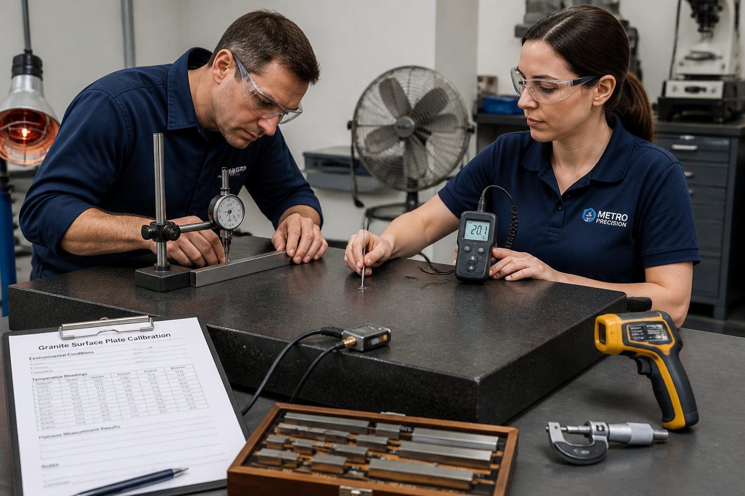 A machinist and a metrology technician measure temperature and flatness on a granite surface plate using a thermometer probe and a dial indicator.