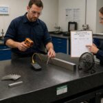 A machinist measures temperature on a granite surface plate while an engineer reviews a calibration report in a metrology lab.