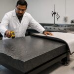 A lab technician examines a granite surface plate with visible cracking while covering another area to prevent thermal shock.