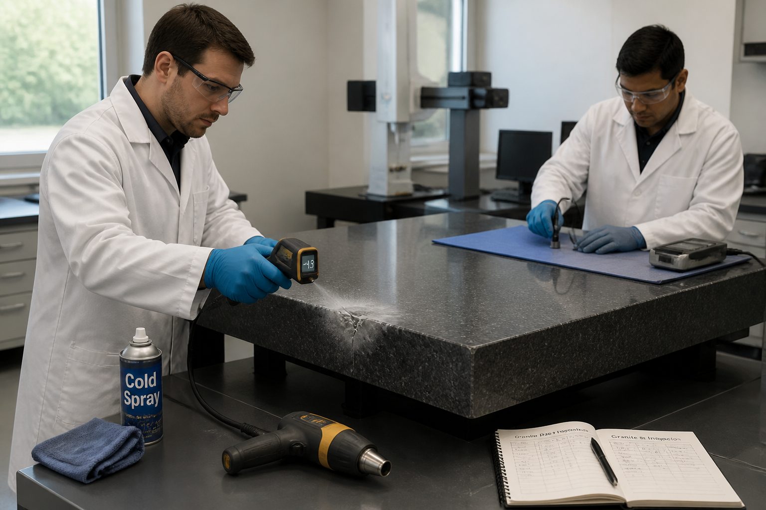 Two lab technicians inspect a granite surface plate with an infrared thermometer while showing a frosty cold spot and minor cracking on the polished surface.